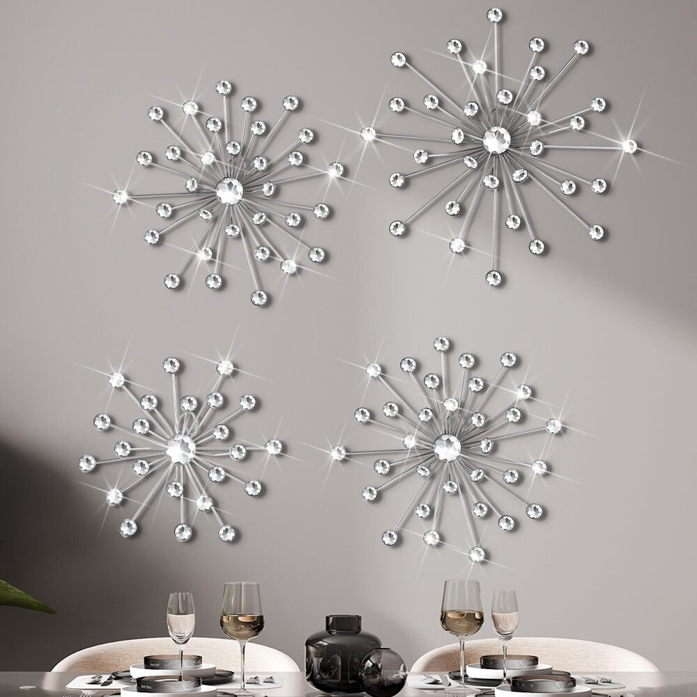 7902 4 Pcs Starburst Wall Decor Bling Crystal Wall Art Rhinestones Sunburst